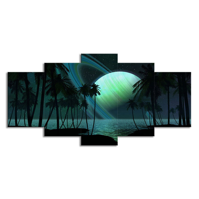 Sikunuo | Tropics Night Zeeland Landscape Canvas Green Ring Planet Wall Art Print for Family Room