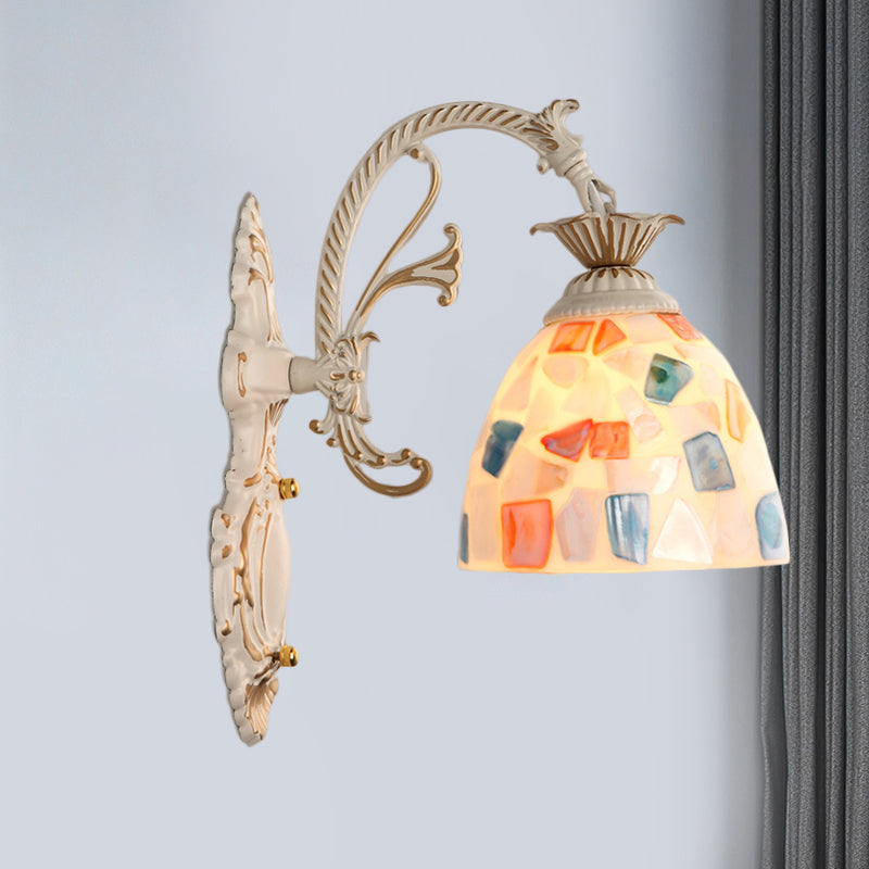 Sikunuo | 1/2-Light Wall Sconce Baroque Dome Shell Mosaic Pattern Wall Lamp with Curved Arm in White