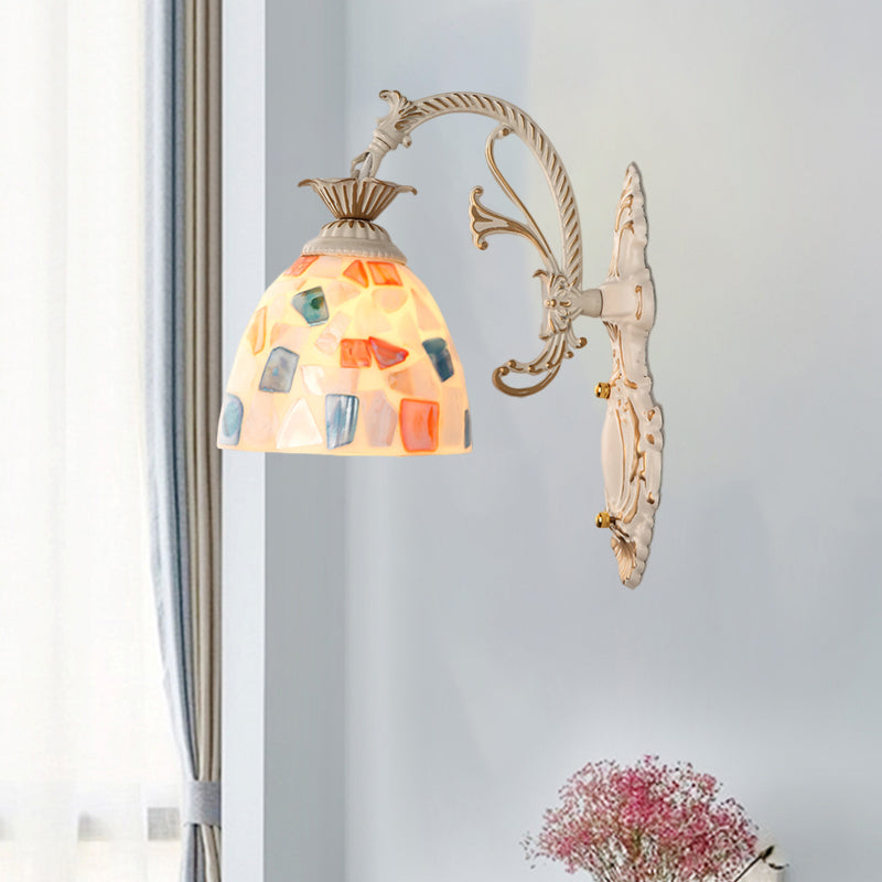 Sikunuo | 1/2-Light Wall Sconce Baroque Dome Shell Mosaic Pattern Wall Lamp with Curved Arm in White