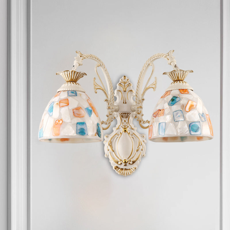 Sikunuo | 1/2-Light Wall Sconce Baroque Dome Shell Mosaic Pattern Wall Lamp with Curved Arm in White