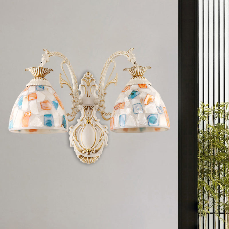 Sikunuo | 1/2-Light Wall Sconce Baroque Dome Shell Mosaic Pattern Wall Lamp with Curved Arm in White
