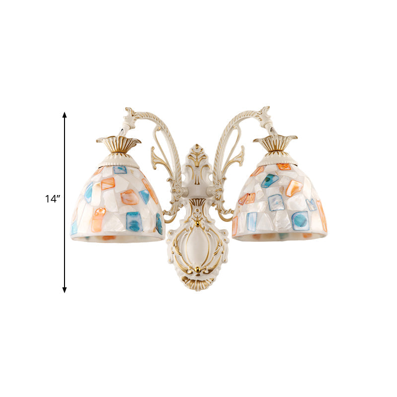 Sikunuo | 1/2-Light Wall Sconce Baroque Dome Shell Mosaic Pattern Wall Lamp with Curved Arm in White