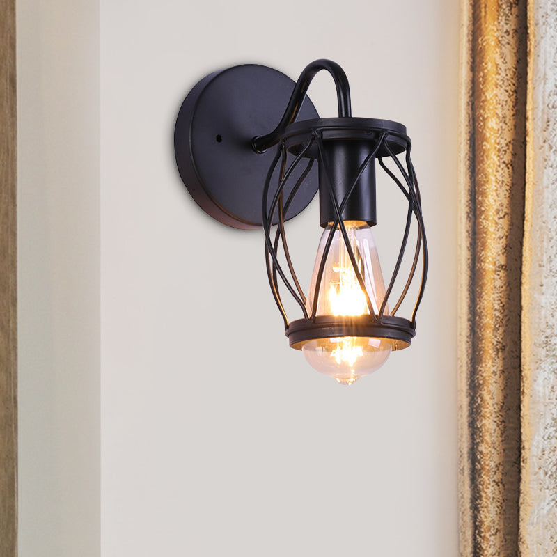 Sikunuo | Waist Drum Frame Restaurant Wall Lamp Vintage Metallic 1 Light Black Wall Mounting Lighting Fixture
