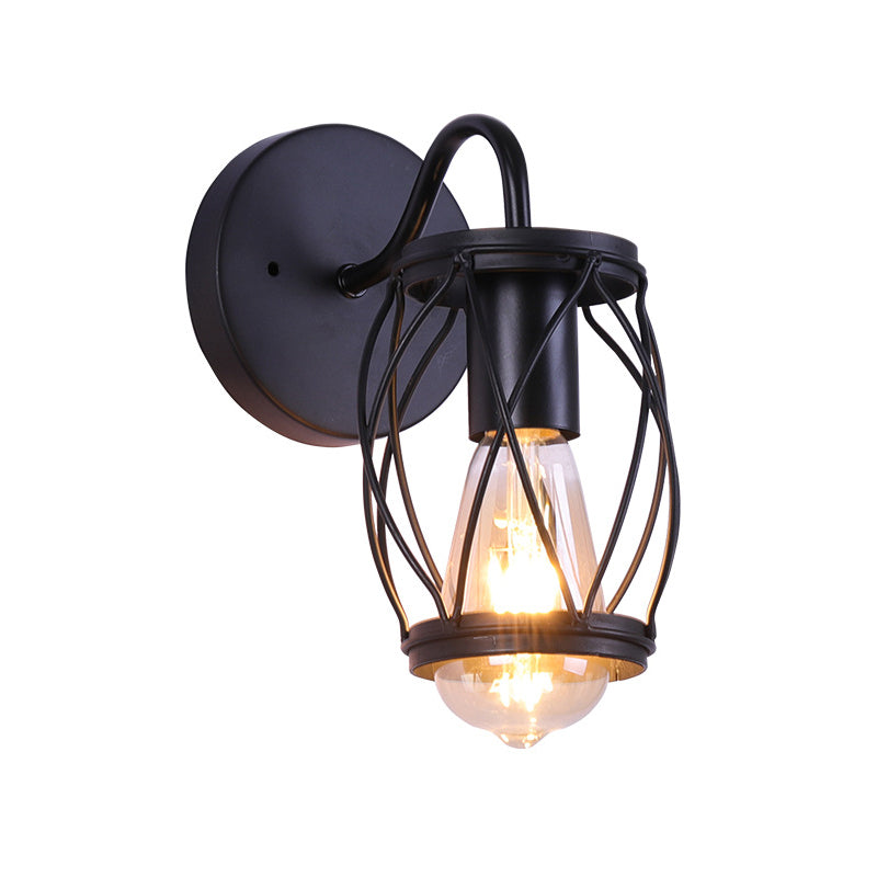 Sikunuo | Waist Drum Frame Restaurant Wall Lamp Vintage Metallic 1 Light Black Wall Mounting Lighting Fixture