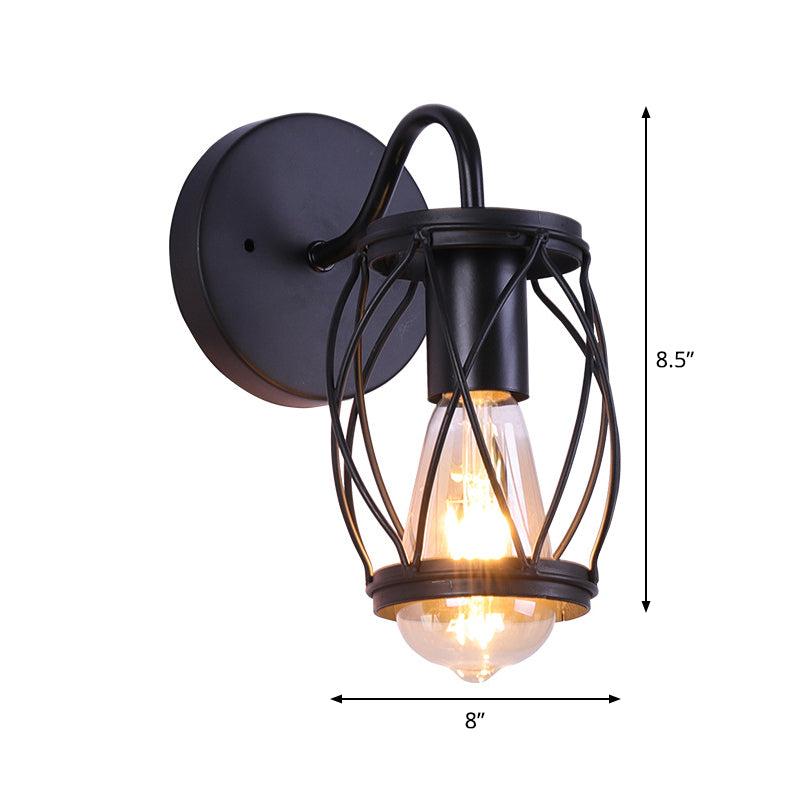 Sikunuo | Waist Drum Frame Restaurant Wall Lamp Vintage Metallic 1 Light Black Wall Mounting Lighting Fixture