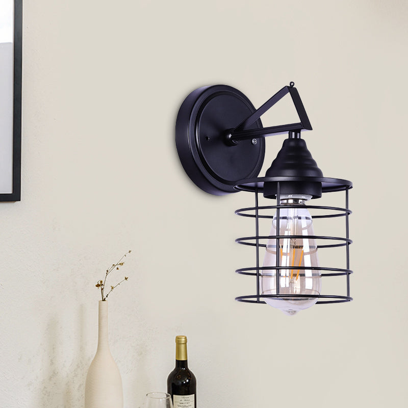 Sikunuo | Metal Cylindrical Frame Wall Lamp Farm 1 Bulb Dining Room Wall Mounted Light in Black