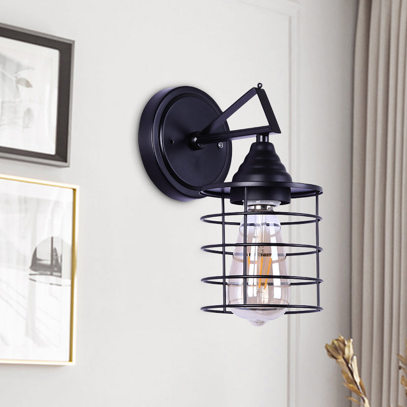 Sikunuo | Metal Cylindrical Frame Wall Lamp Farm 1 Bulb Dining Room Wall Mounted Light in Black