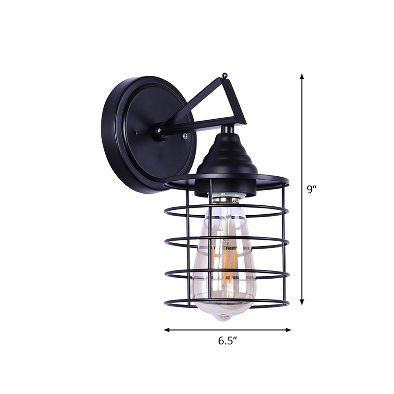 Sikunuo | Metal Cylindrical Frame Wall Lamp Farm 1 Bulb Dining Room Wall Mounted Light in Black