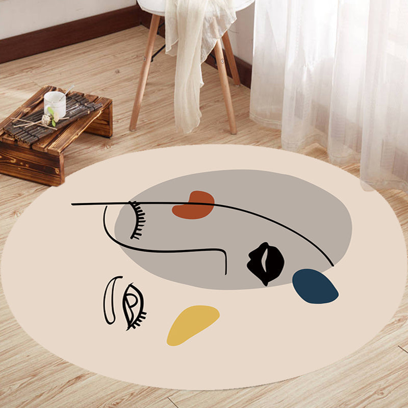 Sikunuo | Ivory Irregular Bedroom Rug Novelty Abstract Face Pattern Area Rug Polyester Anti-Slip Back Rug
