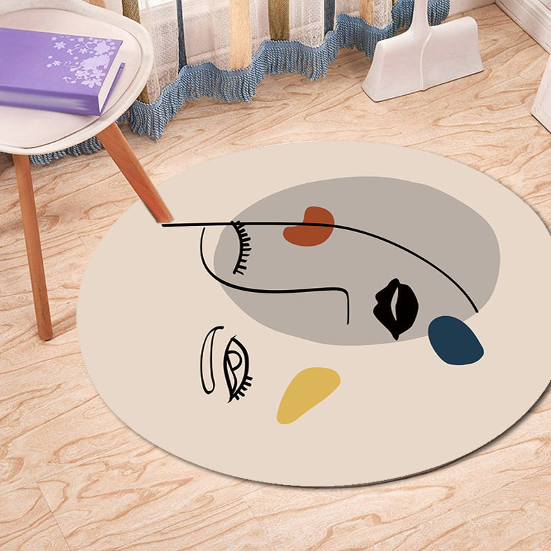 Sikunuo | Ivory Irregular Bedroom Rug Novelty Abstract Face Pattern Area Rug Polyester Anti-Slip Back Rug