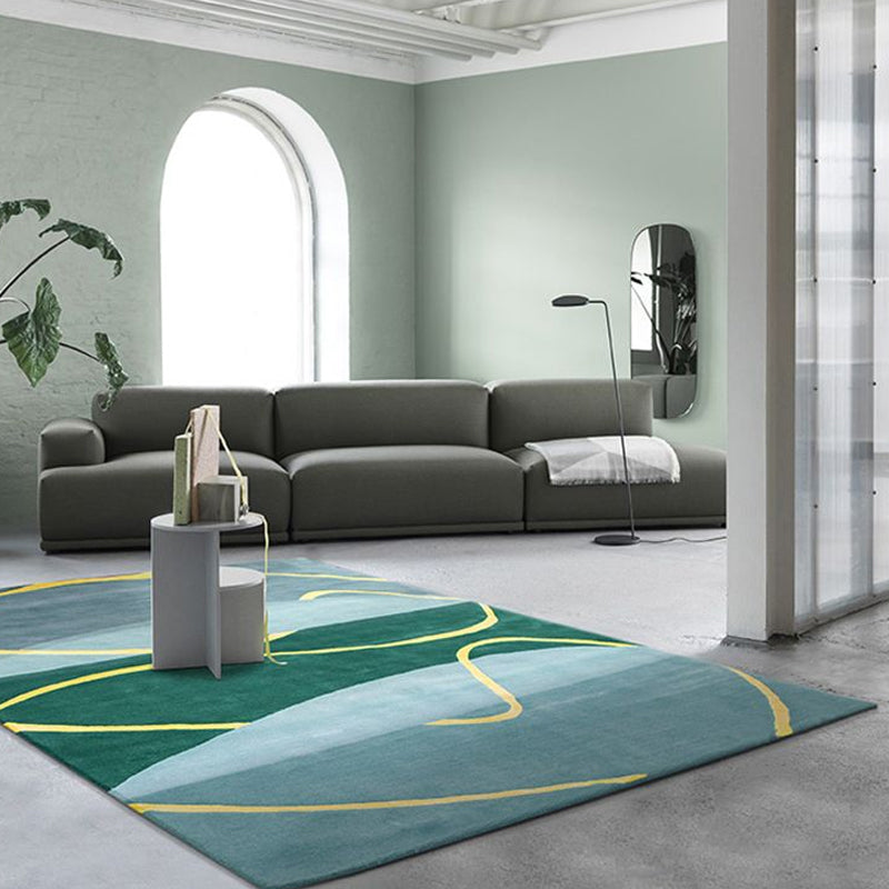 Sikunuo | Blue and Green Abstract Carpet Polyester Modernist Carpet Washable Pet-Friendly Area Rug for the Living Room