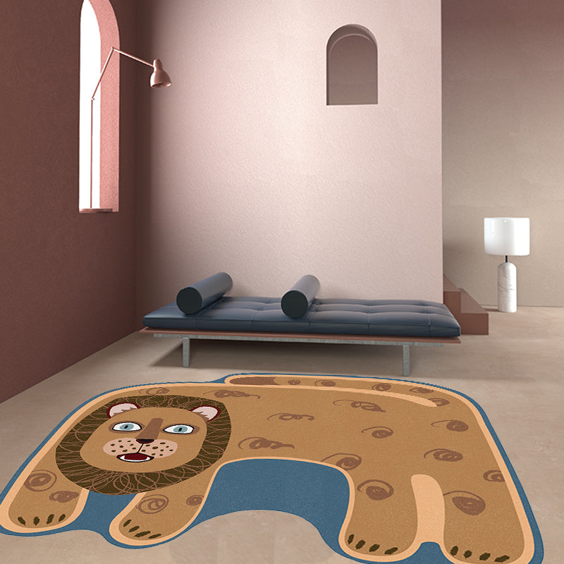 Sikunuo | Kids Irregular Bedroom Carpet in Red and Brown Animal Tiger Lion Leopard Print Carpet Polyester Non-Slip Base Carpet