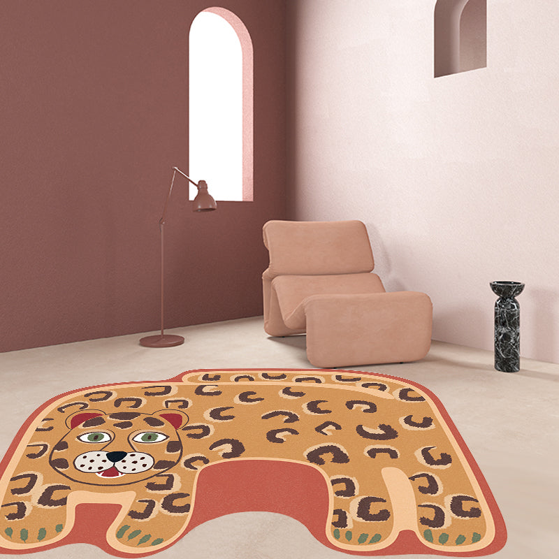 Sikunuo | Kids Irregular Bedroom Carpet in Red and Brown Animal Tiger Lion Leopard Print Carpet Polyester Non-Slip Base Carpet
