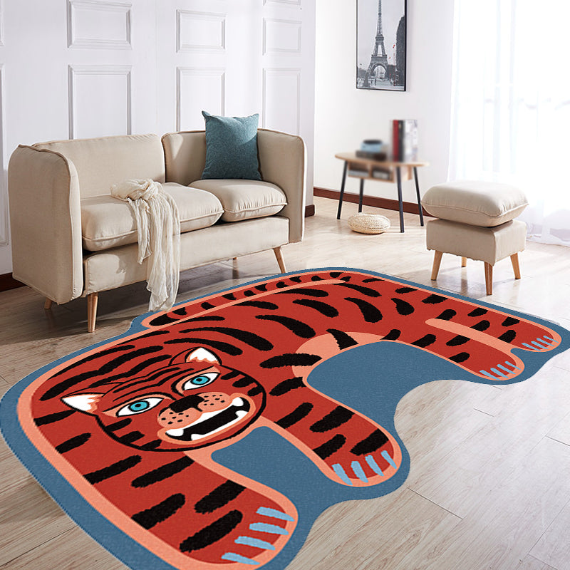 Sikunuo | Kids Irregular Bedroom Carpet in Red and Brown Animal Tiger Lion Leopard Print Carpet Polyester Non-Slip Base Carpet
