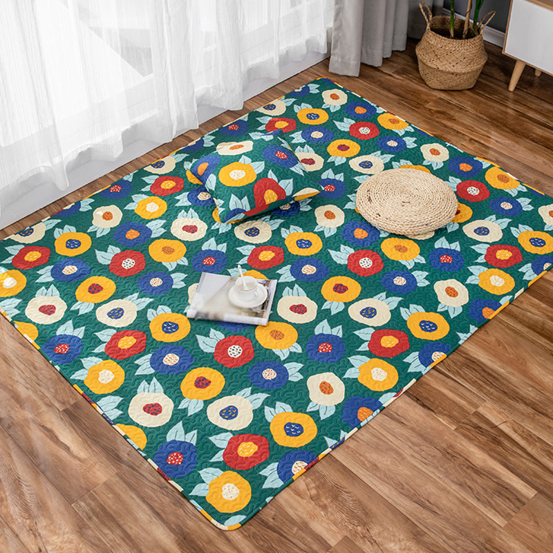 Sikunuo | Kids Floral Pattern Rug with Character Beige and Green Cotton Rug Washable Pet Friendly Non-Slip Area Rug for Child's Bedroom