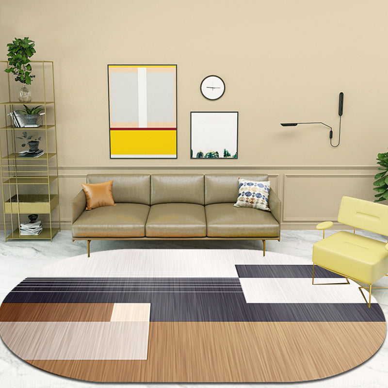 Sikunuo | Novelty living room rug in brown and ivory color box print rug polyester stain-resistant rug