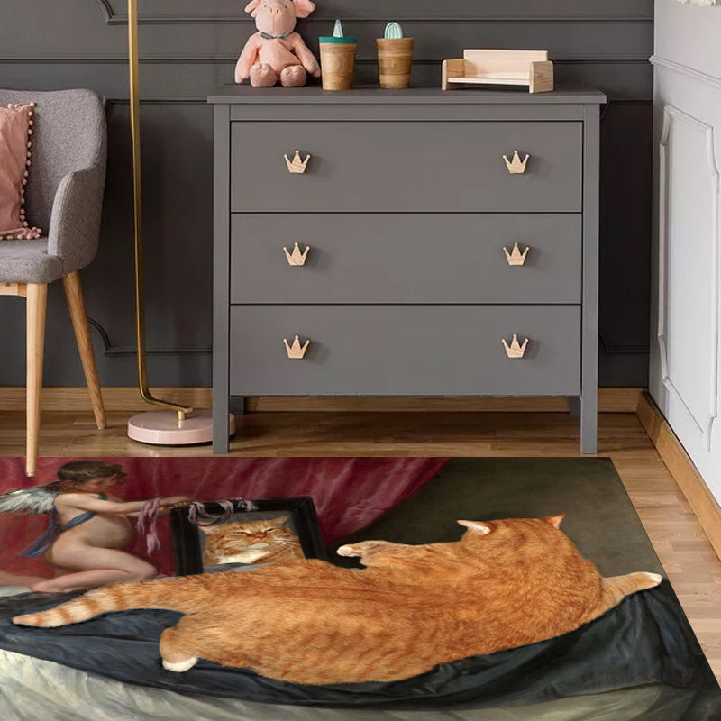 Sikunuo | Novelty Cat Pattern Carpet Red and Black Polyester Washable Pet-Friendly Area Rug for Decoration