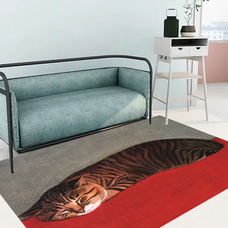 Sikunuo | Novelty Cat Pattern Carpet Red and Black Polyester Washable Pet-Friendly Area Rug for Decoration