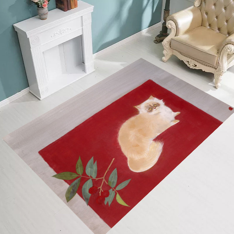 Sikunuo | Novelty Cat Pattern Carpet Red and Black Polyester Washable Pet-Friendly Area Rug for Decoration