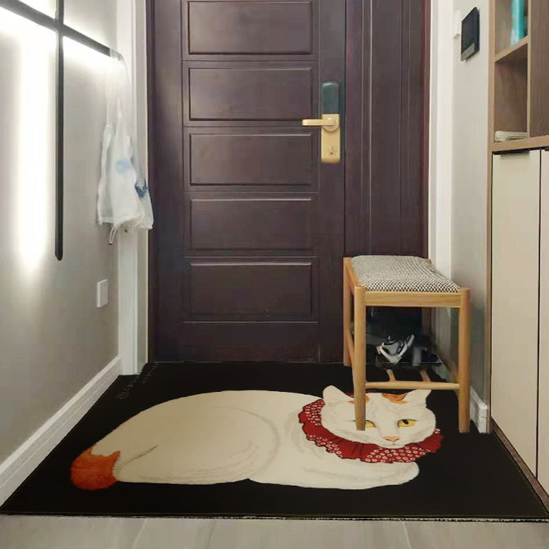 Sikunuo | Novelty Cat Pattern Carpet Red and Black Polyester Washable Pet-Friendly Area Rug for Decoration
