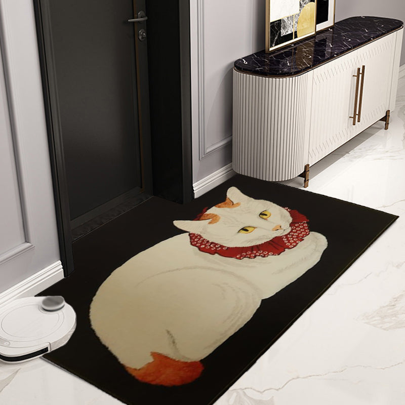 Sikunuo | Novelty Cat Pattern Carpet Red and Black Polyester Washable Pet-Friendly Area Rug for Decoration