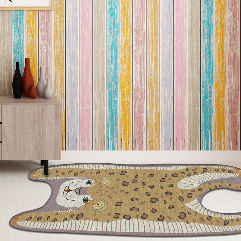 Sikunuo | Kids Irregular Bedroom Carpet in Yellow and Purple Animal Leopard Pattern Rug Polyester Non-Slip Base Rug