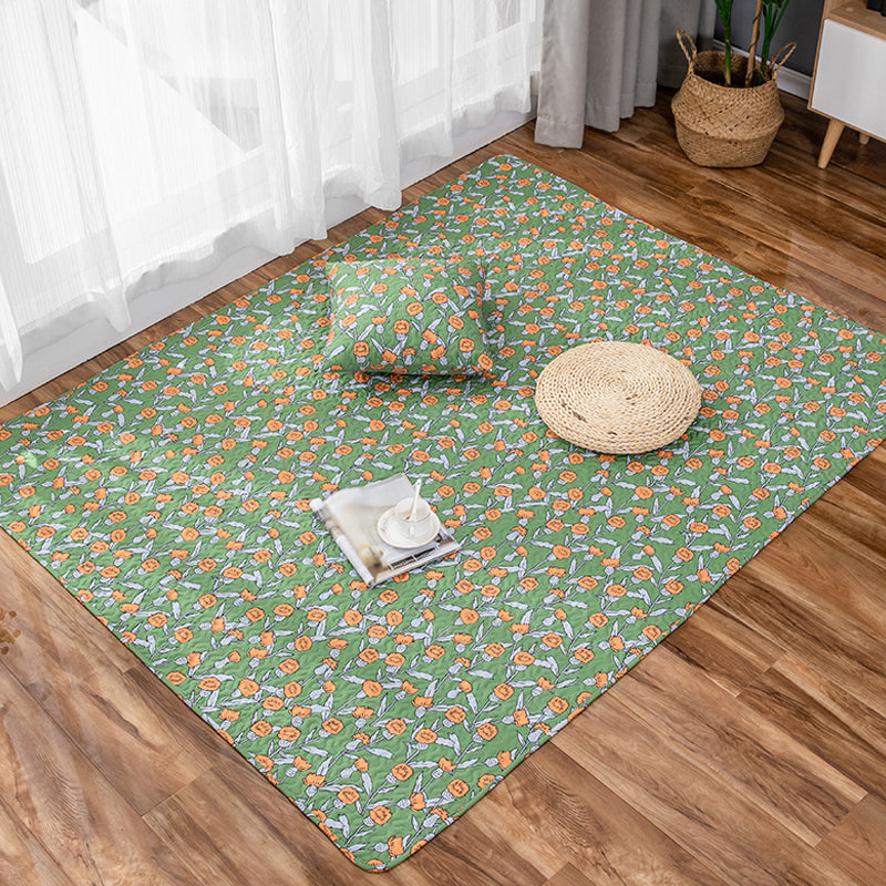 Sikunuo | Green and Purple Kids Carpet Cotton Flower Rug Pet-Friendly Washable Non-Slip Background Area Rug for Decoration