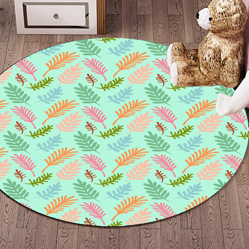 Sikunuo | Unique Leaf Pattern Rug Green Children's Rug Polyester Washable Pet Friendly Non-Slip Carpet for Children's Room