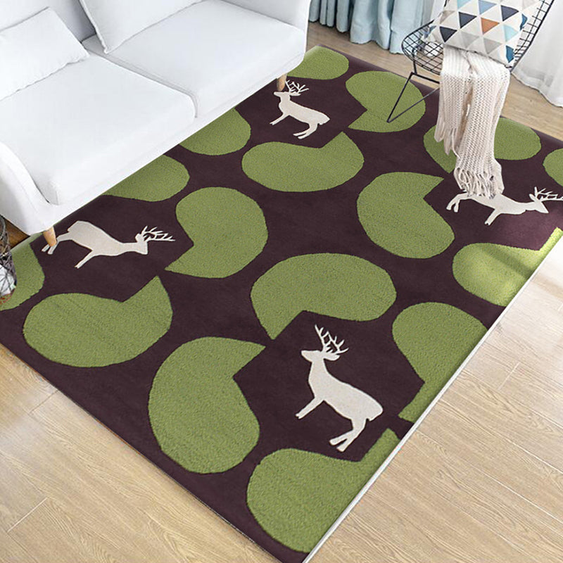 Sikunuo | Children's Animal Pattern Rug Green Multicolor Polyester Rug Washable Pet-Friendly Non-Slip Rug for the Children's Room