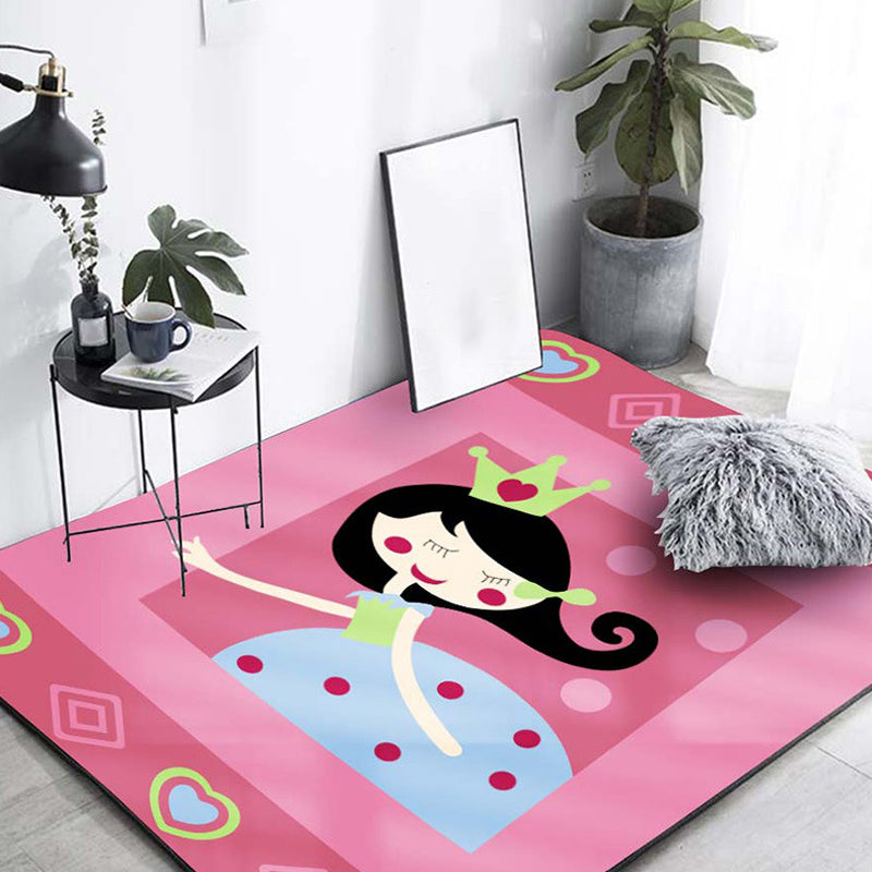 Sikunuo | Cute Cartoon Character Pattern Rug Pink Kids Rug Polyester Washable Pet Friendly Non-Slip Rug for the Nursery