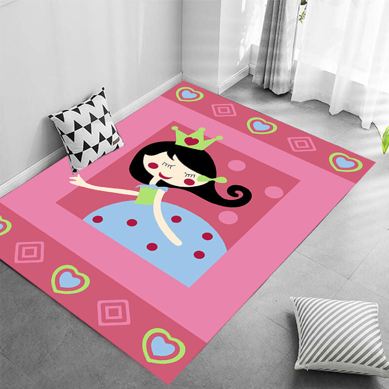 Sikunuo | Cute Cartoon Character Pattern Rug Pink Kids Rug Polyester Washable Pet Friendly Non-Slip Rug for the Nursery