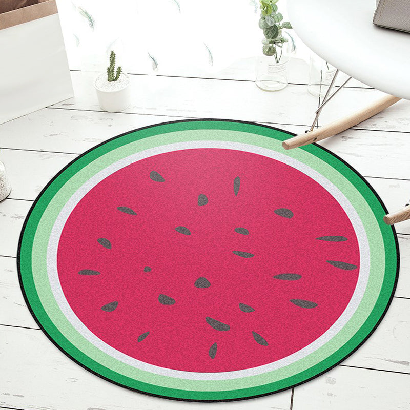 Sikunuo | Unique Watermelon Pattern Rug Red and Green Kids Rug Polyester Washable Pet Friendly Non-Slip Carpet for Children's Room