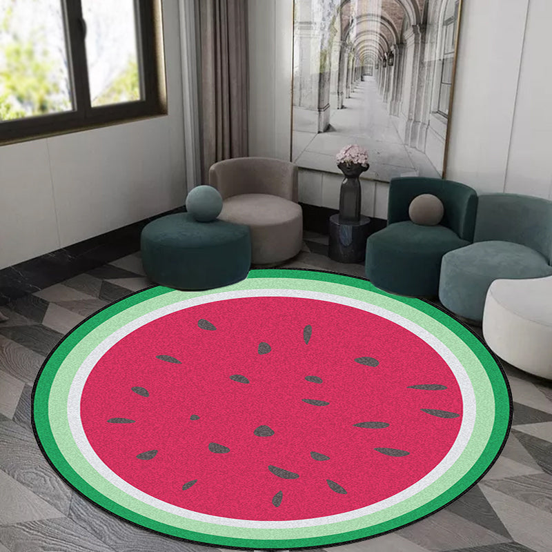 Sikunuo | Unique Watermelon Pattern Rug Red and Green Kids Rug Polyester Washable Pet Friendly Non-Slip Carpet for Children's Room