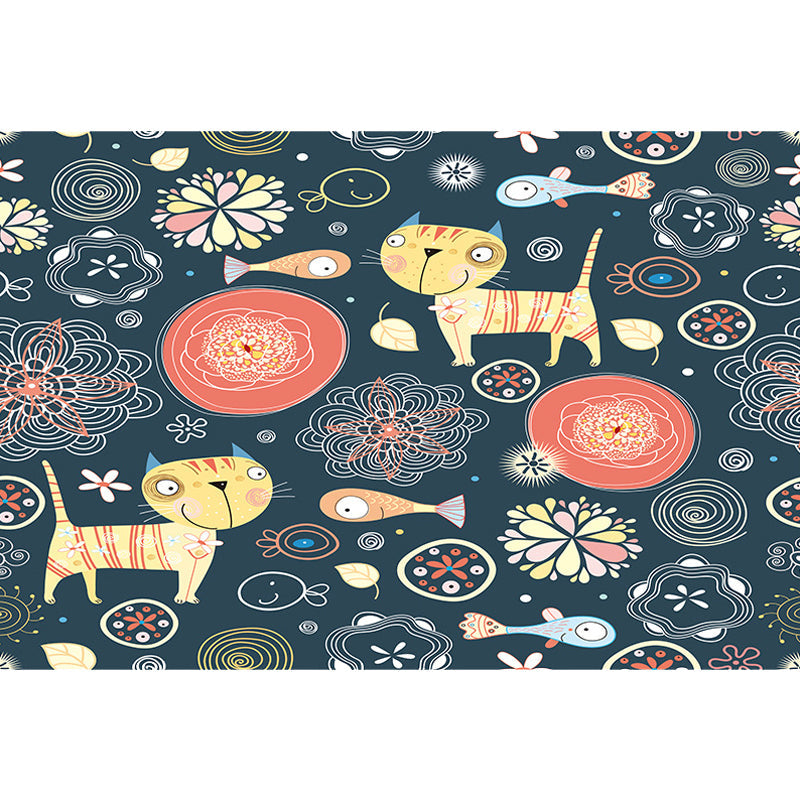Sikunuo | Dark Black Children’s Mat Polyester Animal and Flower Pattern Carpet Pet Friendly Washable Non-Slip Backing Rug for Decoration