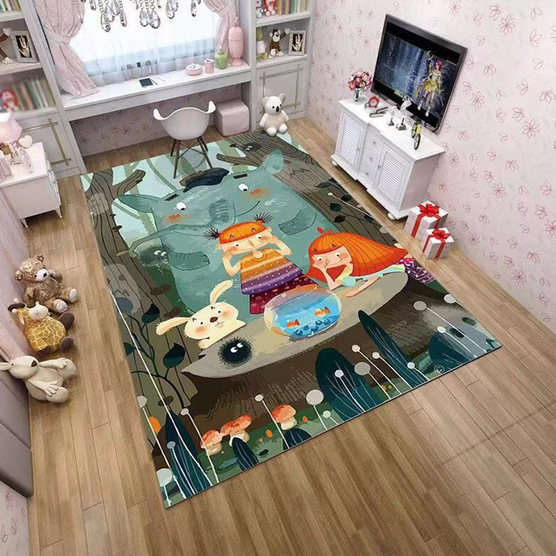 Sikunuo | Pink and Green Children Rug Polyester Cartoon Character Pattern Rug Pet-Friendly Washable Non-Slip Backing Rug for Decoration