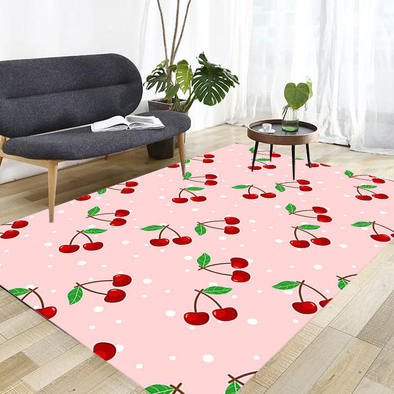 Sikunuo | Pink Children's Carpet Synthetic Cherry Pattern Carpet Pet Friendly Washable Non-Slip Back Carpet for Decoration