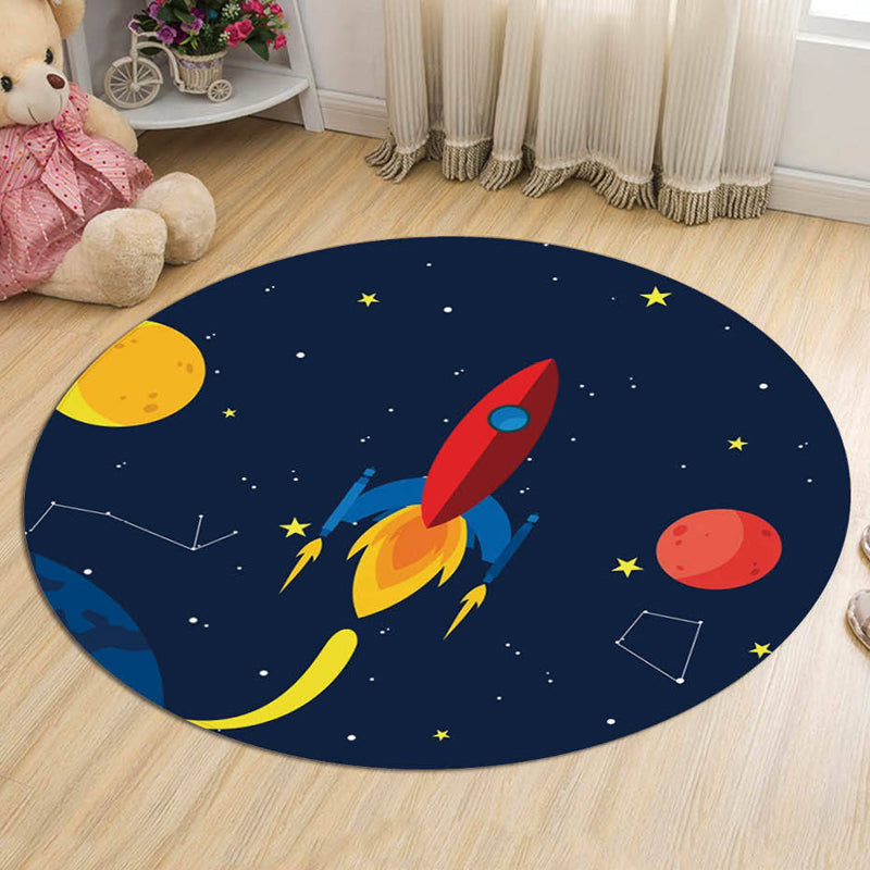 Sikunuo | Dark Blue Children's Carpet Polyester Spaceships and Stars Pattern Carpet Pet Friendly Washable Nonslip Rug for Decoration