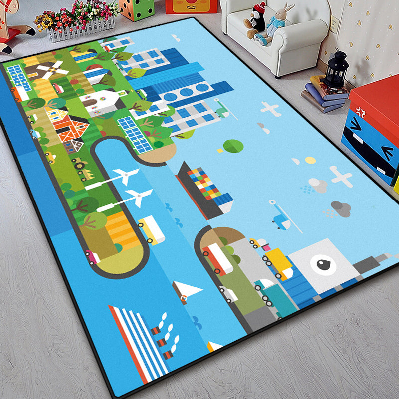 Sikunuo | Unique island design rug with tree Blue and Green children's rug Polyester Wash Friendly for pets Non-slip rug for the children's room