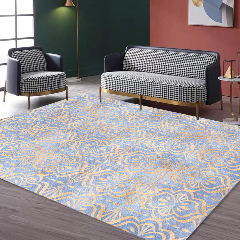 Sikunuo | Retro Tribal geometric pattern rug Brown and Blue rug Polyester washable pet-friendly non-slip rug for living room