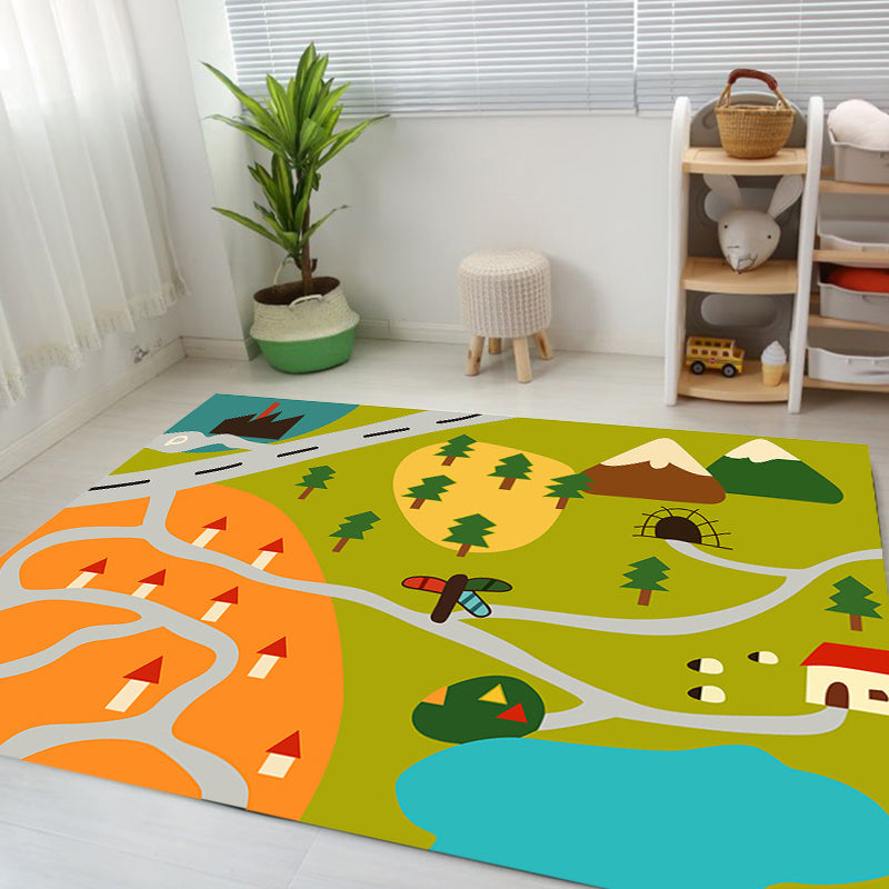 Sikunuo | Kids Map Pattern Rug Green Polyester Rug Washable Pet-Friendly Non-Slip Area Rug for the Children's Room