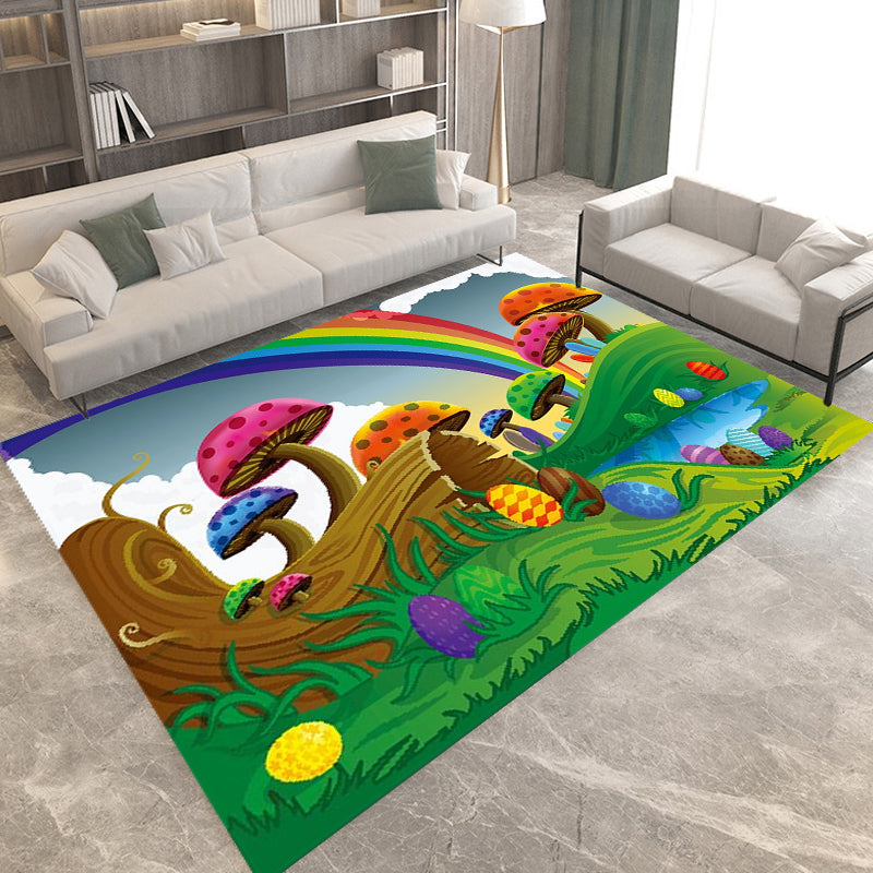 Sikunuo | Kids Plant Pattern Carpet Green and Blue Polyester Carpet Washable Pet Friendly Non-Slip Carpet for the Children's Room