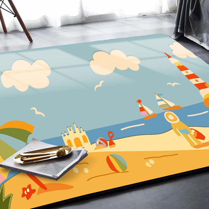 Sikunuo | Kids Plant Pattern Carpet Green and Blue Polyester Carpet Washable Pet Friendly Non-Slip Carpet for the Children's Room