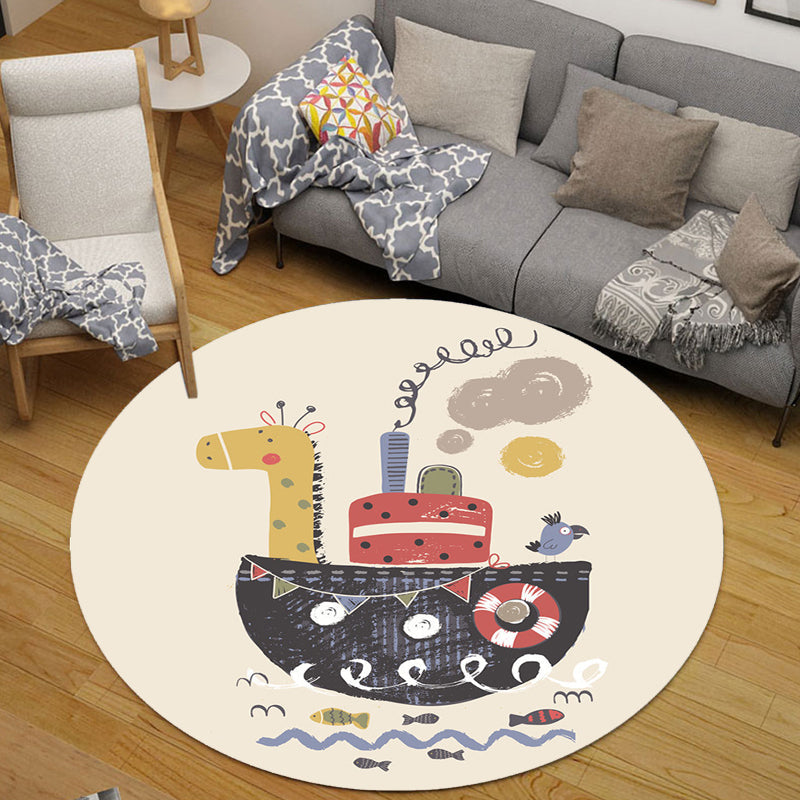 Sikunuo | Kids Ship Pattern Rug Beige and Orange Polyester Rug Washable Pet-Friendly Non-Slip Rug for the Children's Room