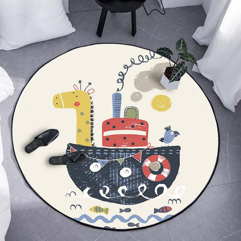 Sikunuo | Kids Ship Pattern Rug Beige and Orange Polyester Rug Washable Pet-Friendly Non-Slip Rug for the Children's Room