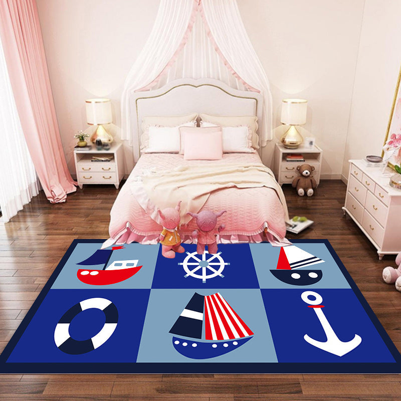 Sikunuo | Children's ship pattern carpet with anchor Blue Polyester Carpet Washable Pet-friendly Non-slip Carpet for the nursery