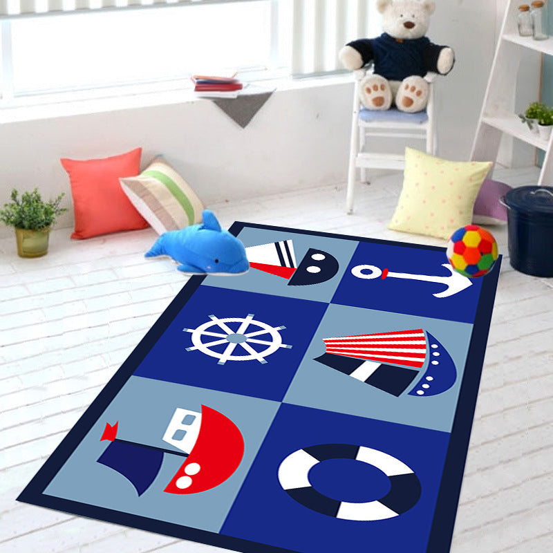 Sikunuo | Children's ship pattern carpet with anchor Blue Polyester Carpet Washable Pet-friendly Non-slip Carpet for the nursery