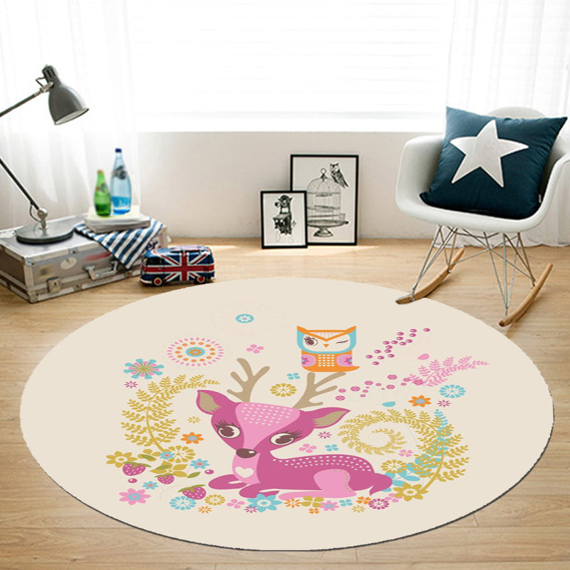 Sikunuo | Beautiful Cartoon Animal Pattern Rug Beige and Red Kids Rug Polyester Pet-Friendly Washable Area Rug for the Children's Room