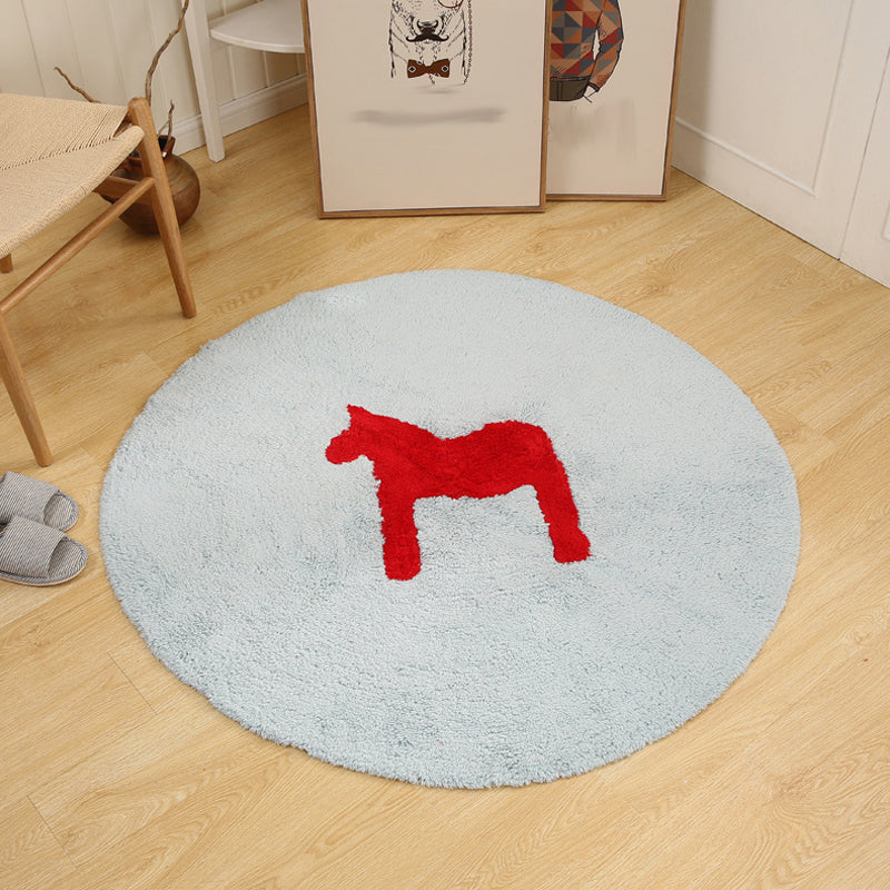 Sikunuo | Children's horse pattern rug Blue and Khaki Cotton rug Washable Pet-friendly Non-slip rug for the children's room