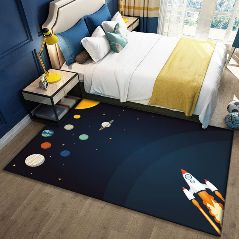 Sikunuo | Stylish Outer Space Pattern Rug Blue and Black Children's Rug Polyester Washable Pet-Friendly Non-Slip Rug for the Children's Room