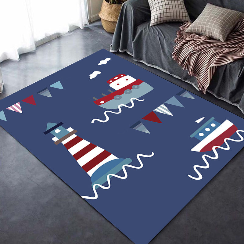 Sikunuo | Blue Children's Carpet Polyester Lantern and Ship Pattern Carpet Pet Friendly Washable Non-Slip Backing Carpet for Decoration